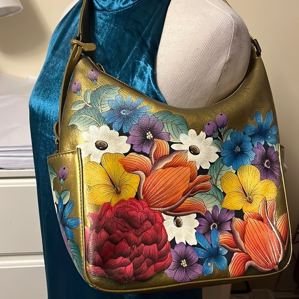 Anuschka hand painted leather golden hobo style shoulder bag